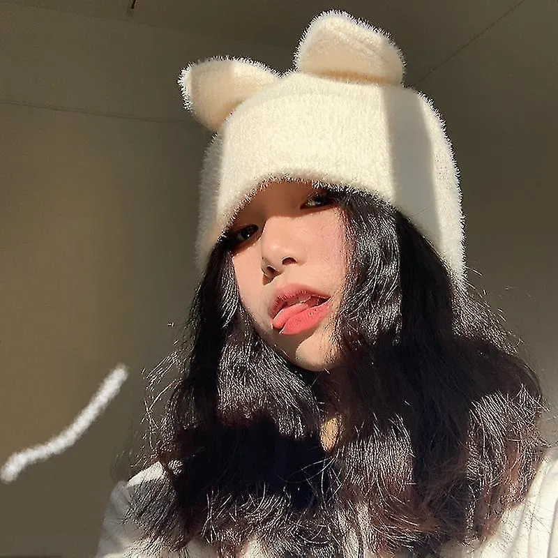 3d Rabbit Ears Beanie Hats Bunny Crochet Cap Cute Plush Winter Hat For Women Girls White