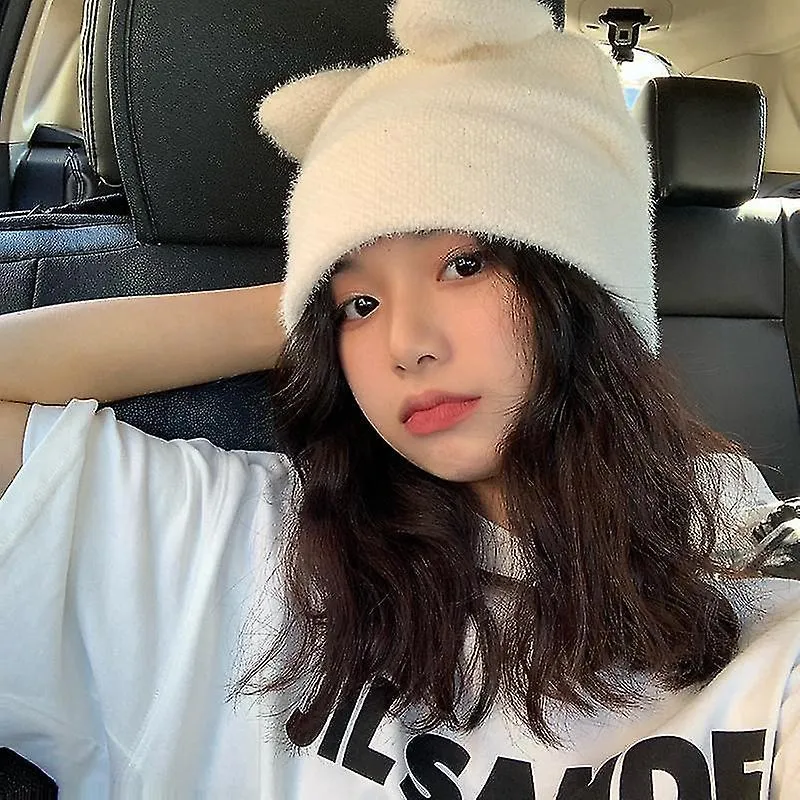 3d Rabbit Ears Beanie Hats Bunny Crochet Cap Cute Plush Winter Hat For Women Girls White