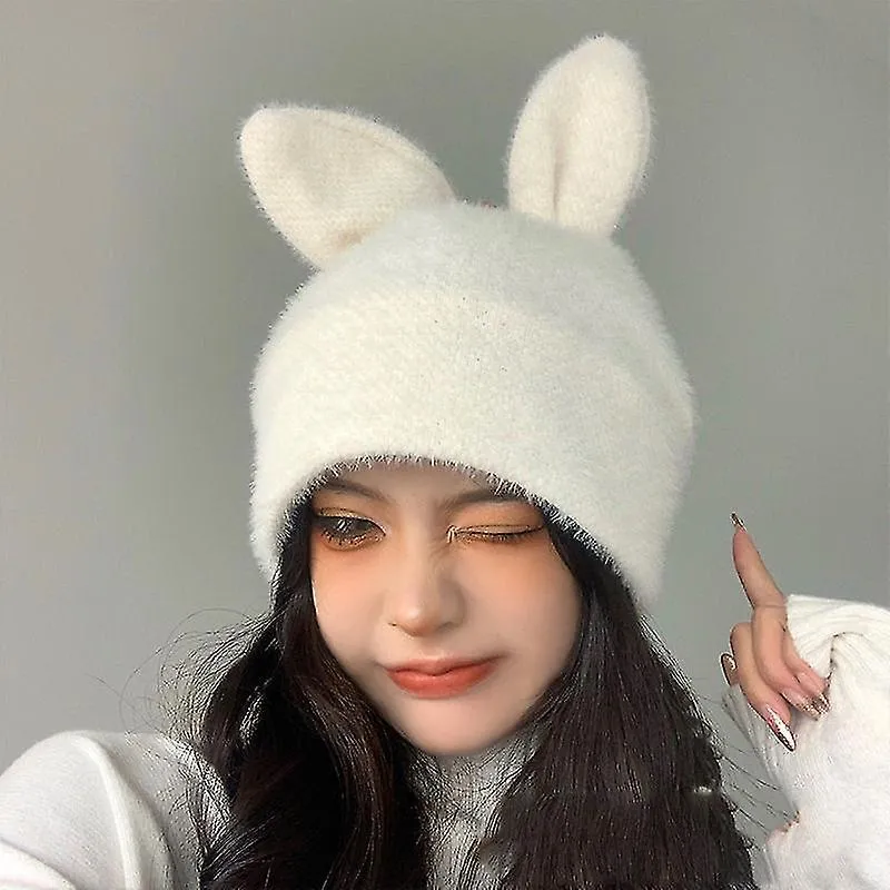 3d Rabbit Ears Beanie Hats Bunny Crochet Cap Cute Plush Winter Hat For Women Girls White