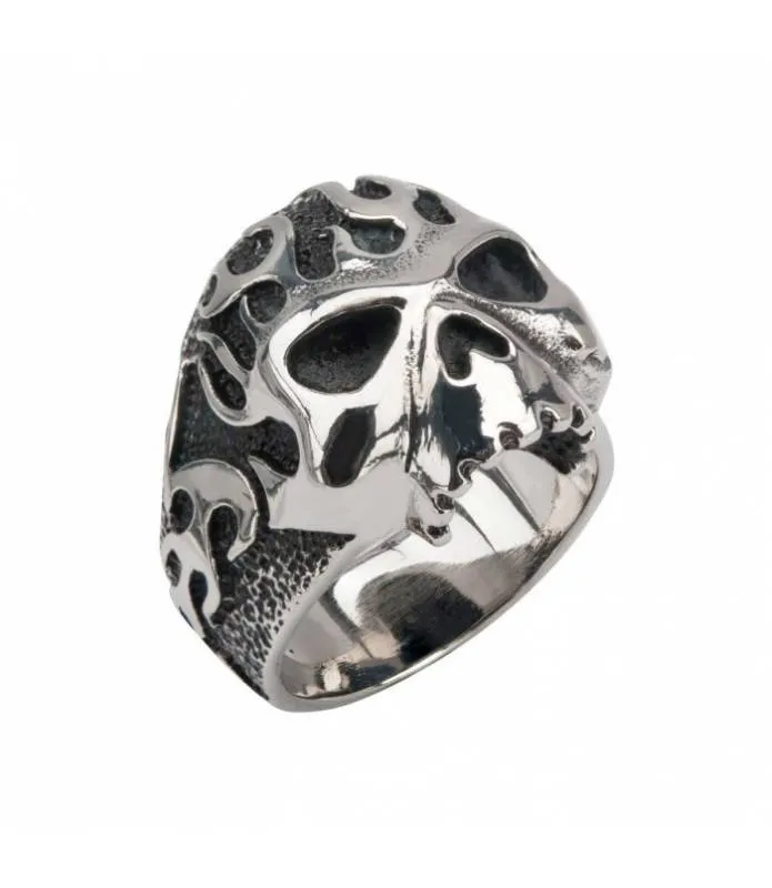 Anillo Acero Calavera Con Llamas Black Oxidixed Flamed Skull Ring FR645