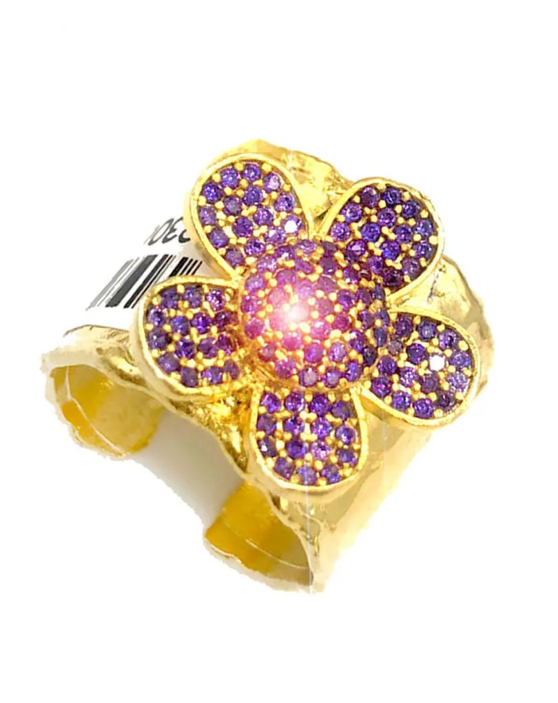 ANILLO GRANDE MUJER  DE BISUTERÍA FINA BAÑADO EN ORO CON FLOR MORADA