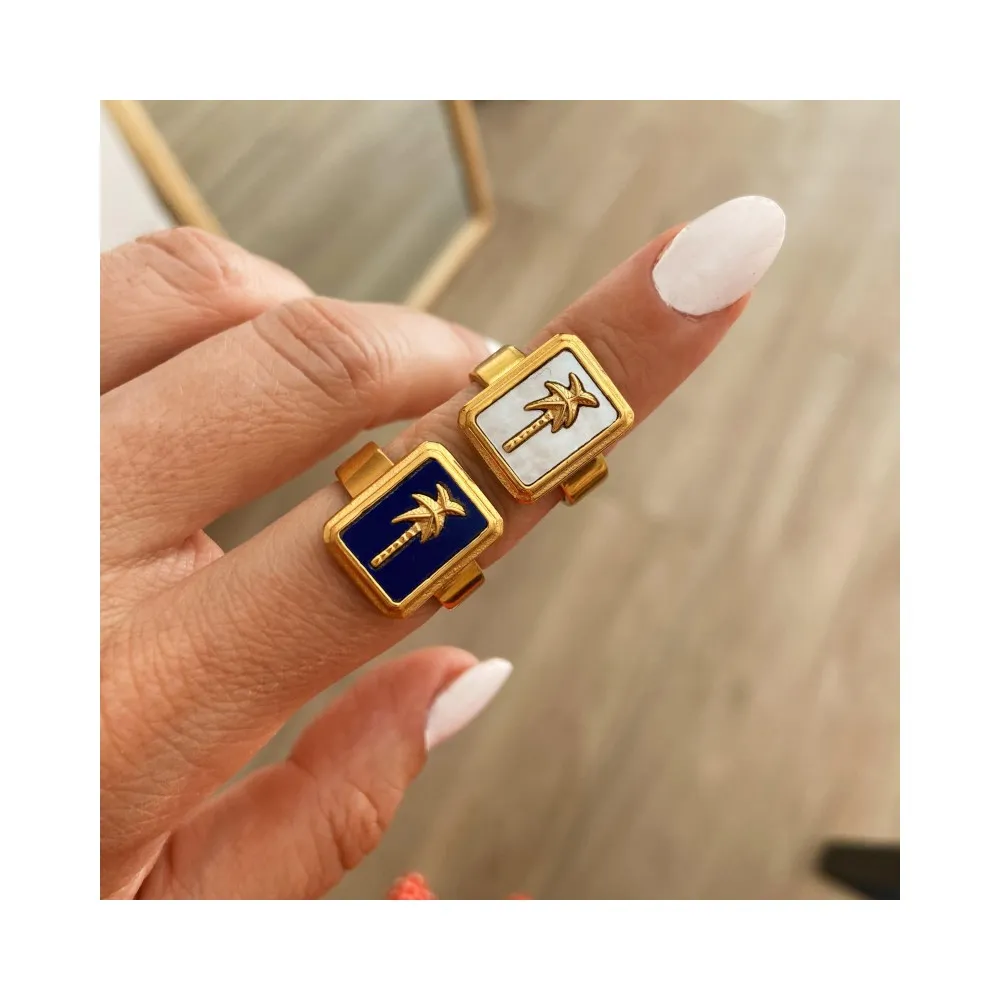 Anillo Palm Tree Blanco Oro