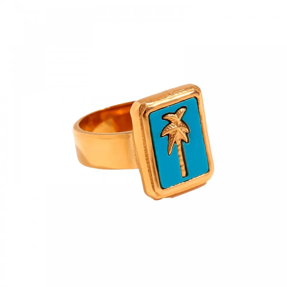 Anillo Palm Tree Turquesa Oro