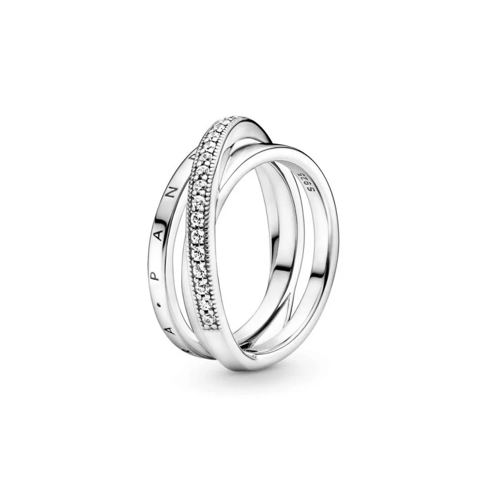 Anillo Pandora de plata de ley con logo y circonitas cúbicas transparentes