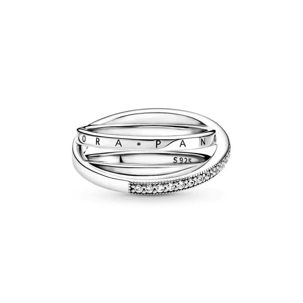 Anillo Pandora de plata de ley con logo y circonitas cúbicas transparentes