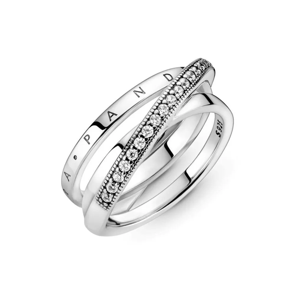 Anillo Pandora de plata de ley con logo y circonitas cúbicas transparentes