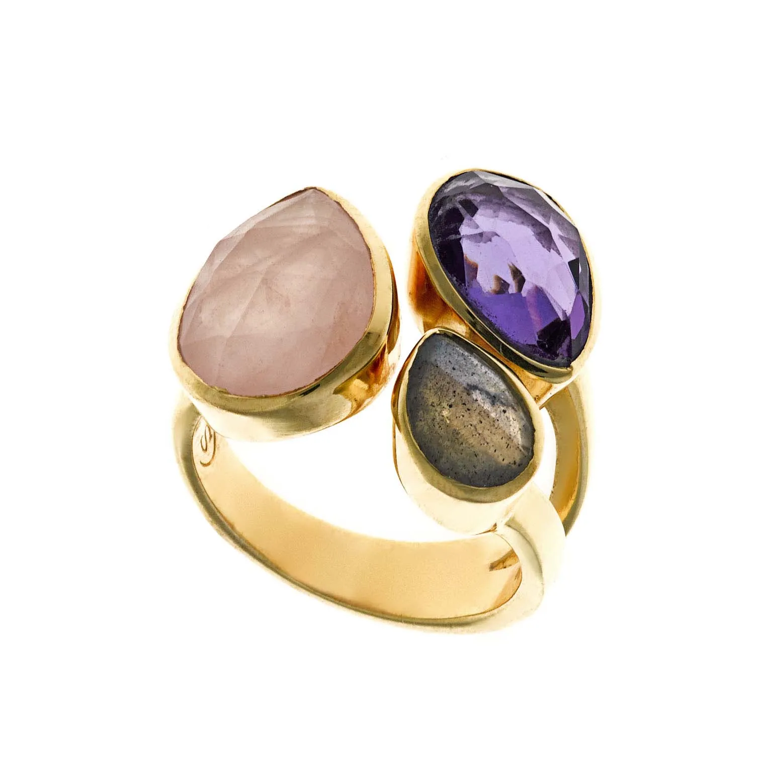 *Anillo Plata chapada en Oro con Amatista, Cuarzo rosa y Labradorita