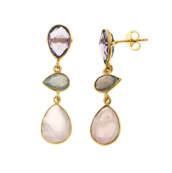 *Anillo Plata chapada en Oro con Amatista, Cuarzo rosa y Labradorita