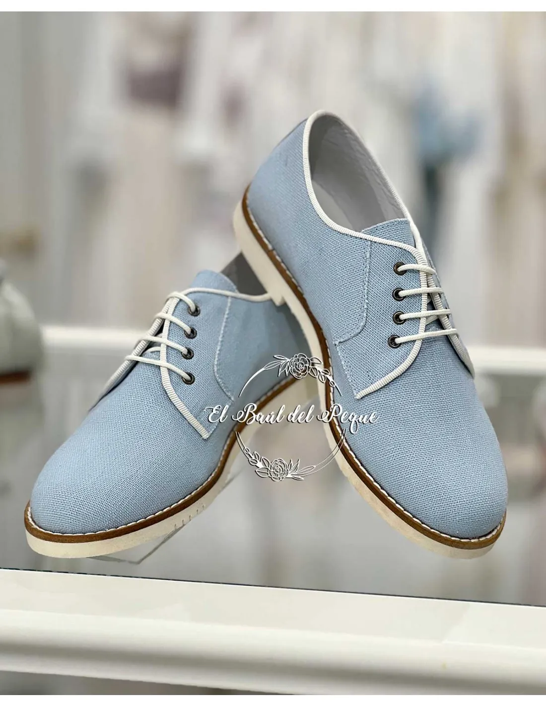 Blucher Niño Comunión Guxs Shoes Lino Celeste y Crudo