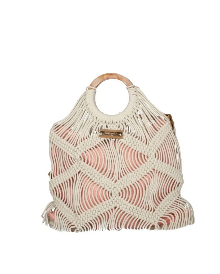 Bolso Beig/rosa Cordones y Nudos Asa Aro Nacar