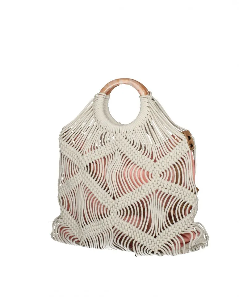 Bolso Beig/rosa Cordones y Nudos Asa Aro Nacar