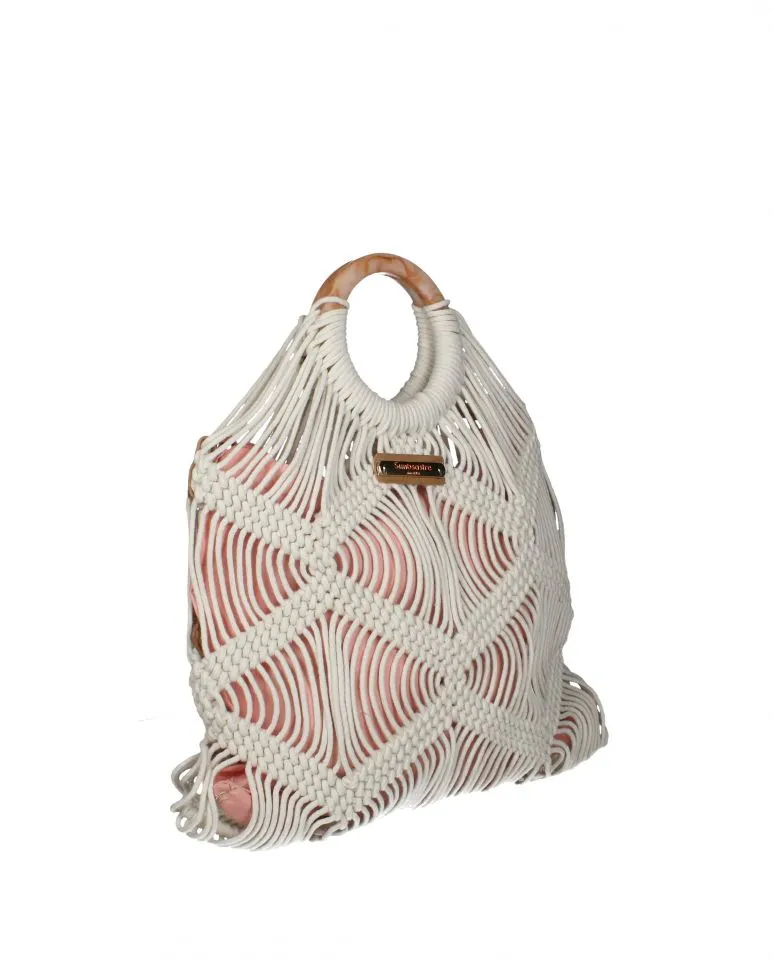Bolso Beig/rosa Cordones y Nudos Asa Aro Nacar