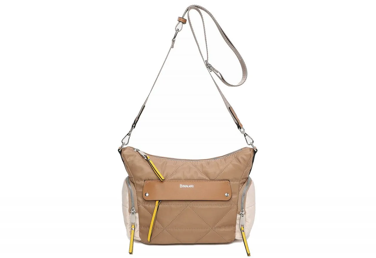 Bolso Nilon Camel Acolchado Bolsillos Asa Cinta Beige