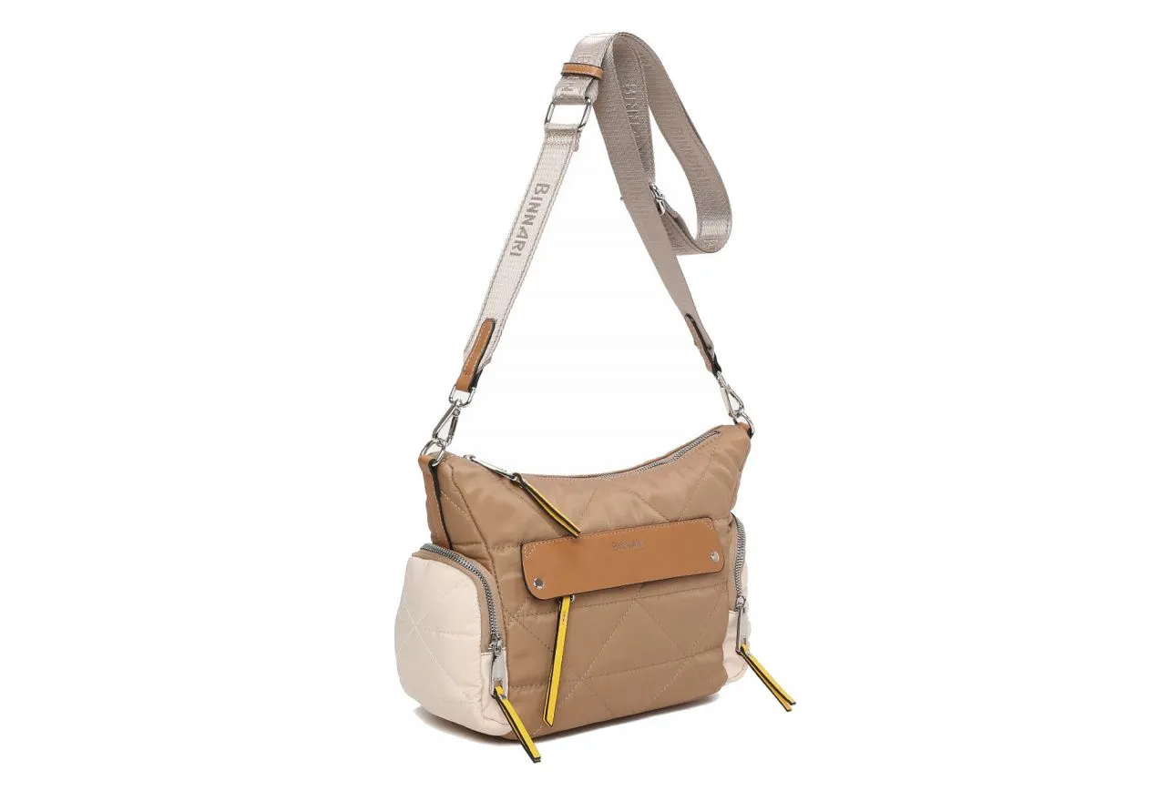 Bolso Nilon Camel Acolchado Bolsillos Asa Cinta Beige