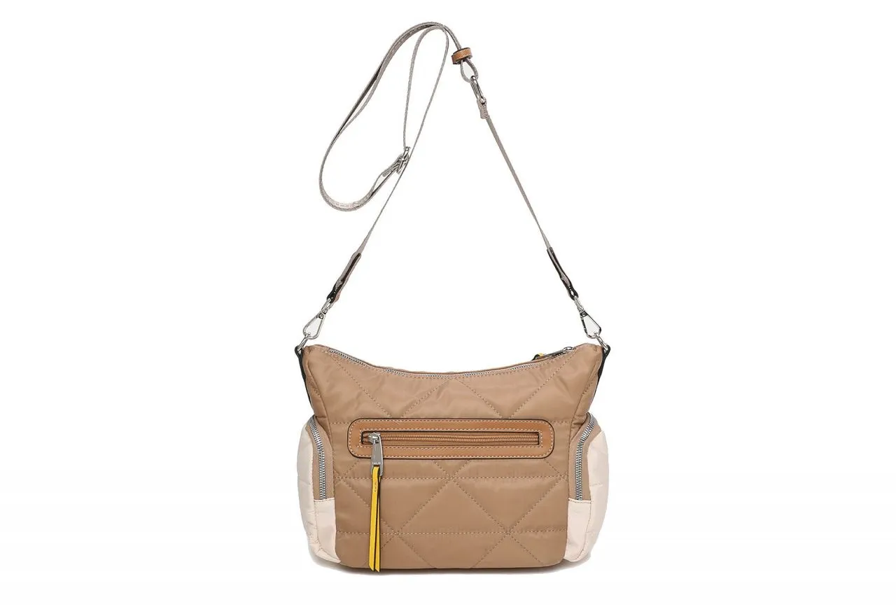 Bolso Nilon Camel Acolchado Bolsillos Asa Cinta Beige