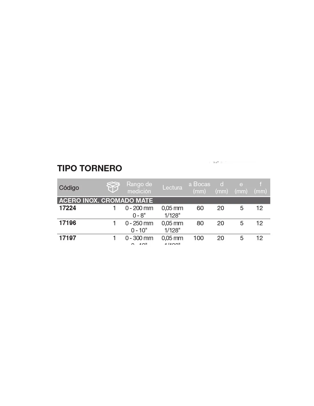 Calibre tipo tornero acero inox. cromado mate, templado 400 x Boca 200