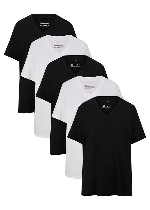 CAMISETA LARGA Y ANCHA CON CUELLO EN V (5 UNIDADES), DE MANGA CORTA NEGROBLANCO