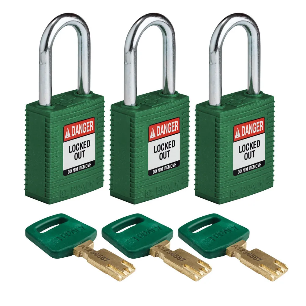 Candados SafeKey, arco de acero, 3 unidades, altura del arco 38,10 mm, verde