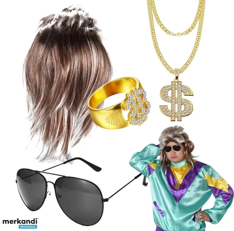 CONJUNTO DE SALMONETES 4 EN 1 CON PELUCA ASSI ANILLO DE CADENA DE ORO Y GAFAS  PARA CARNAVAL Y CARNAVAL PARA EL DISFRAZ DE LOS 