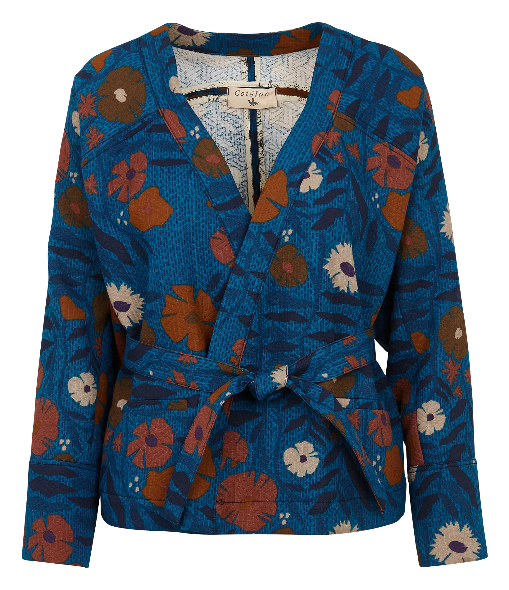 COTELAC Chaqueta tipo kimono de mezcla de algodón estampada en azul