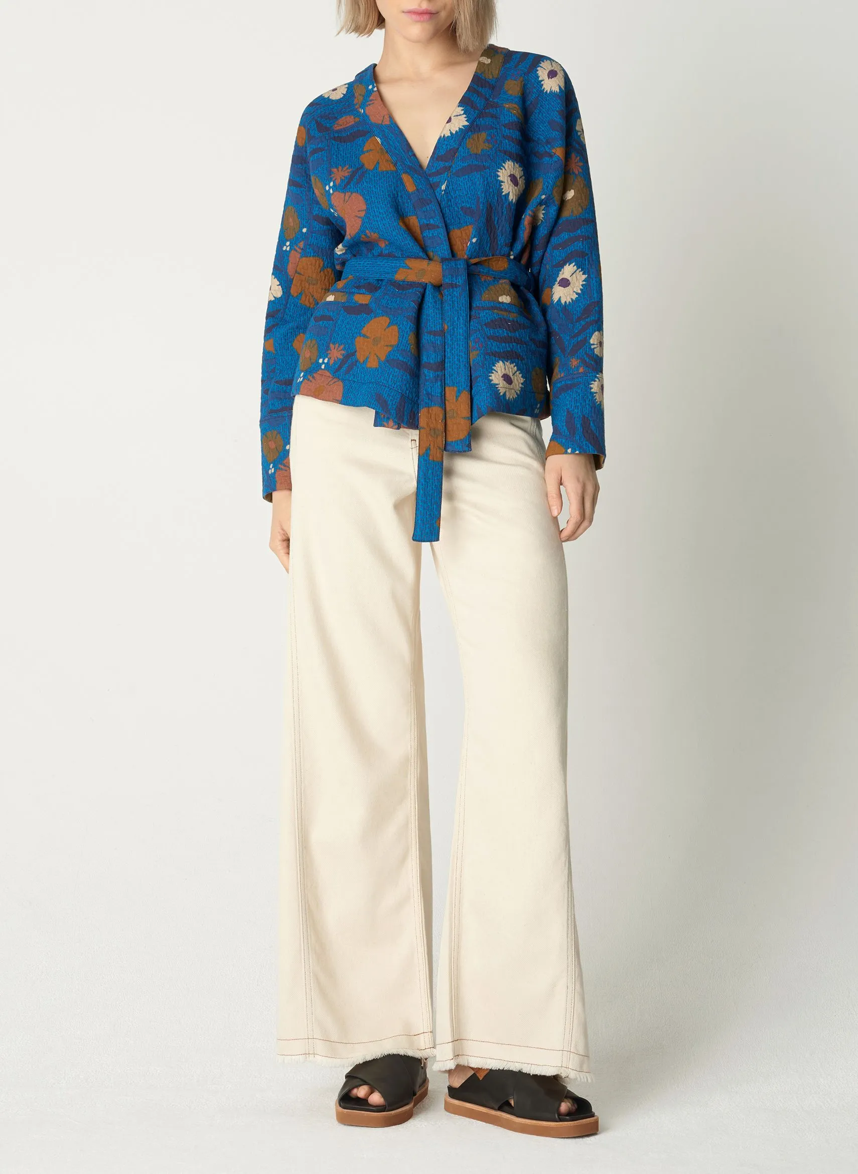 COTELAC Chaqueta tipo kimono de mezcla de algodón estampada en azul