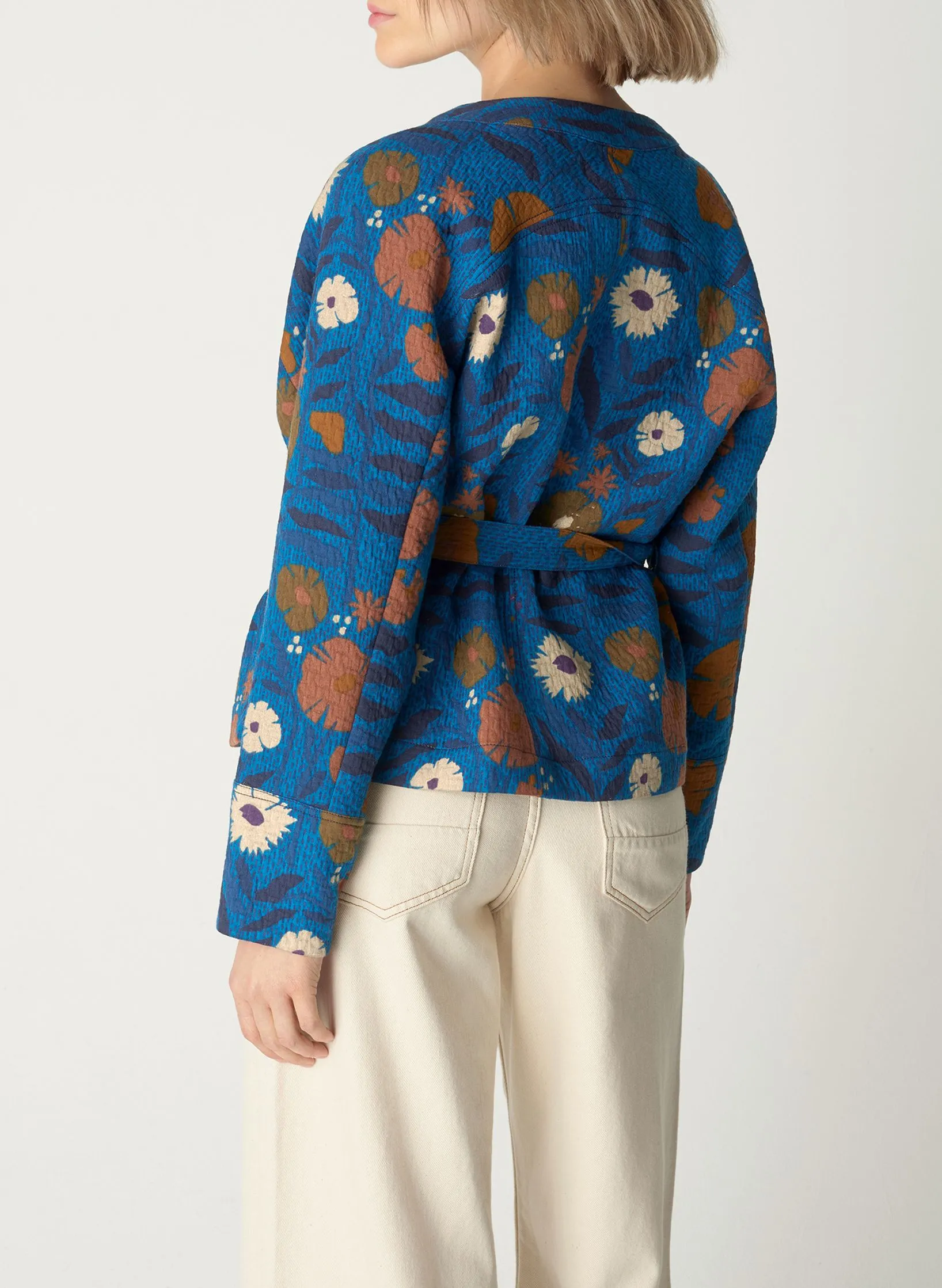 COTELAC Chaqueta tipo kimono de mezcla de algodón estampada en azul