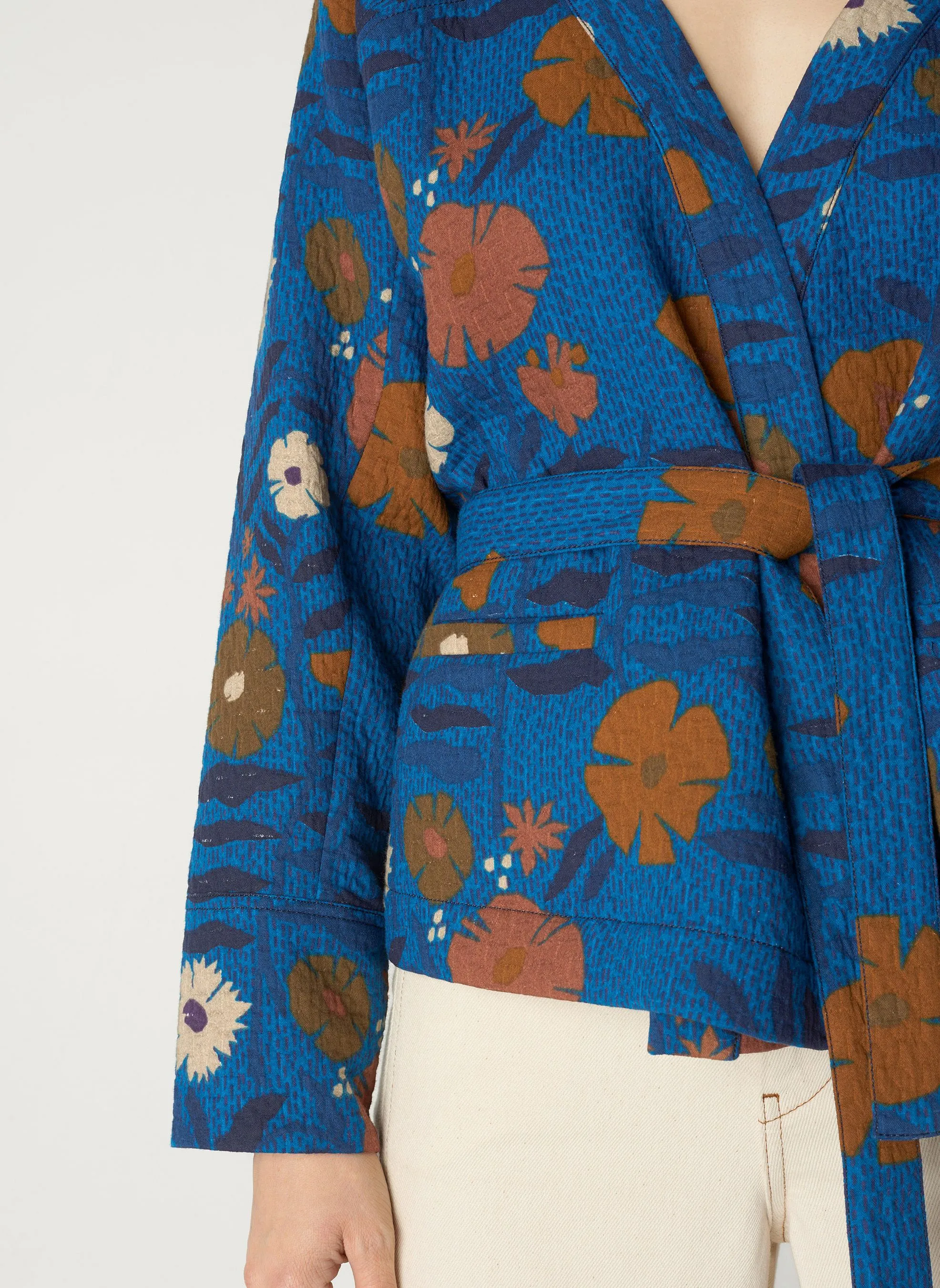 COTELAC Chaqueta tipo kimono de mezcla de algodón estampada en azul