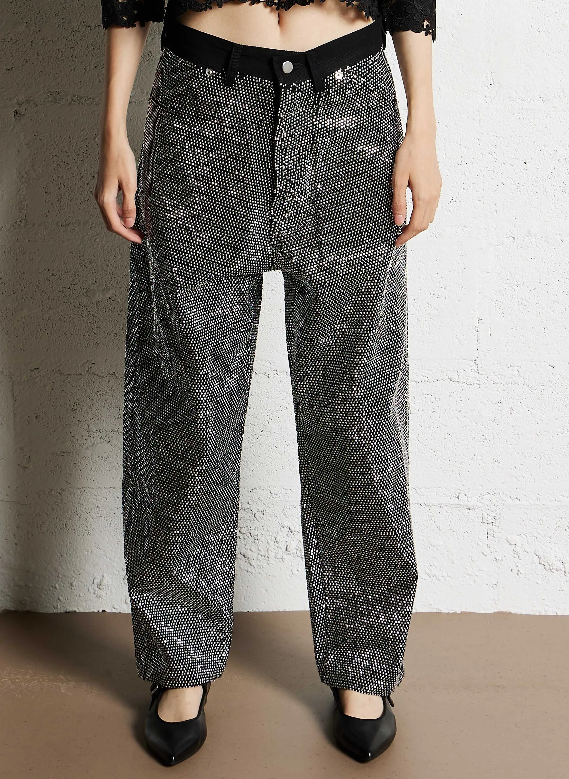 CREME  PANTALóN ANCHO DE MEZCLILLA Y PEDRERíA DE ALGODóN EN NEGRO