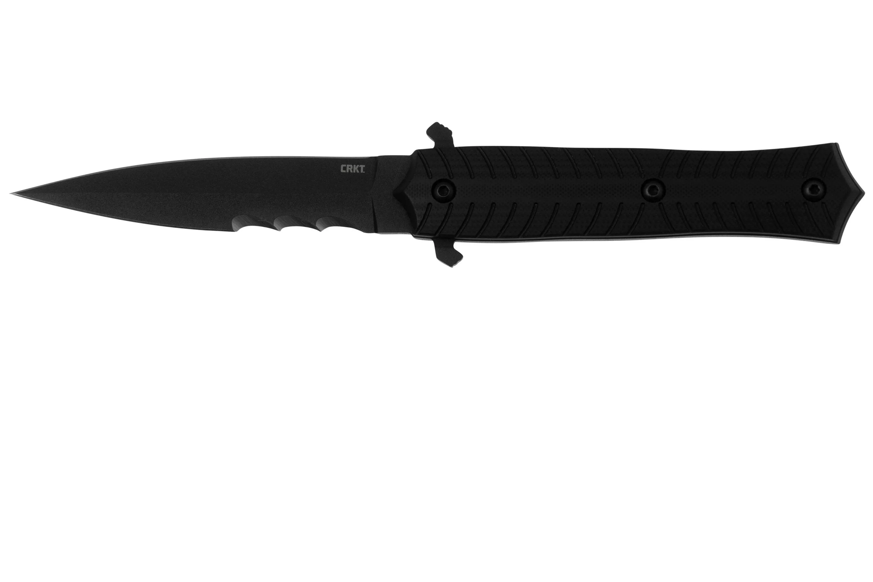 CRKT XOLOTL FIXED VEFF SERRATIONS 2263 BLACK POWDER COAT SK5, BLACK G10, DAGA, MICHAEL R. RODRIGUEZ DESIGN