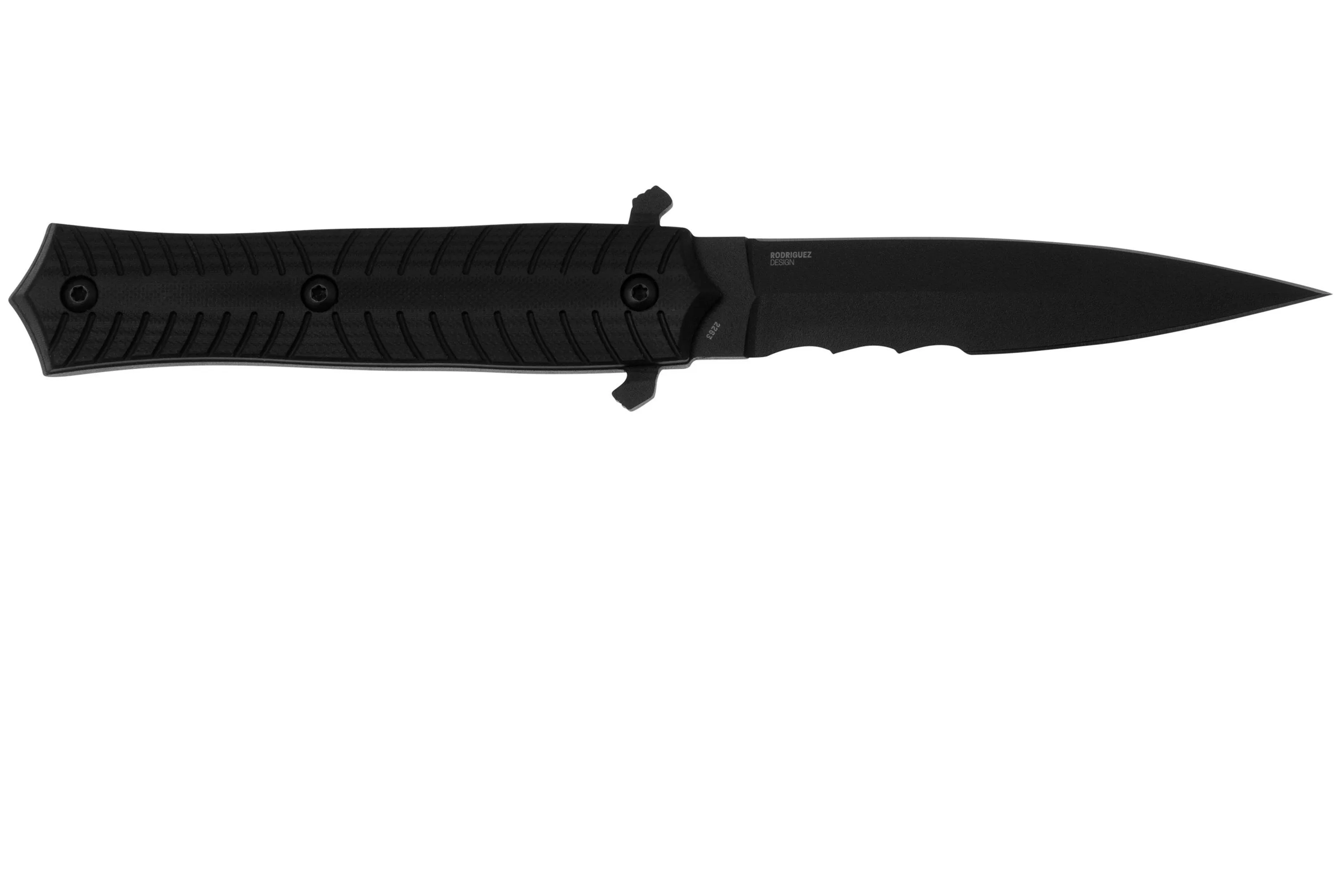 CRKT XOLOTL FIXED VEFF SERRATIONS 2263 BLACK POWDER COAT SK5, BLACK G10, DAGA, MICHAEL R. RODRIGUEZ DESIGN