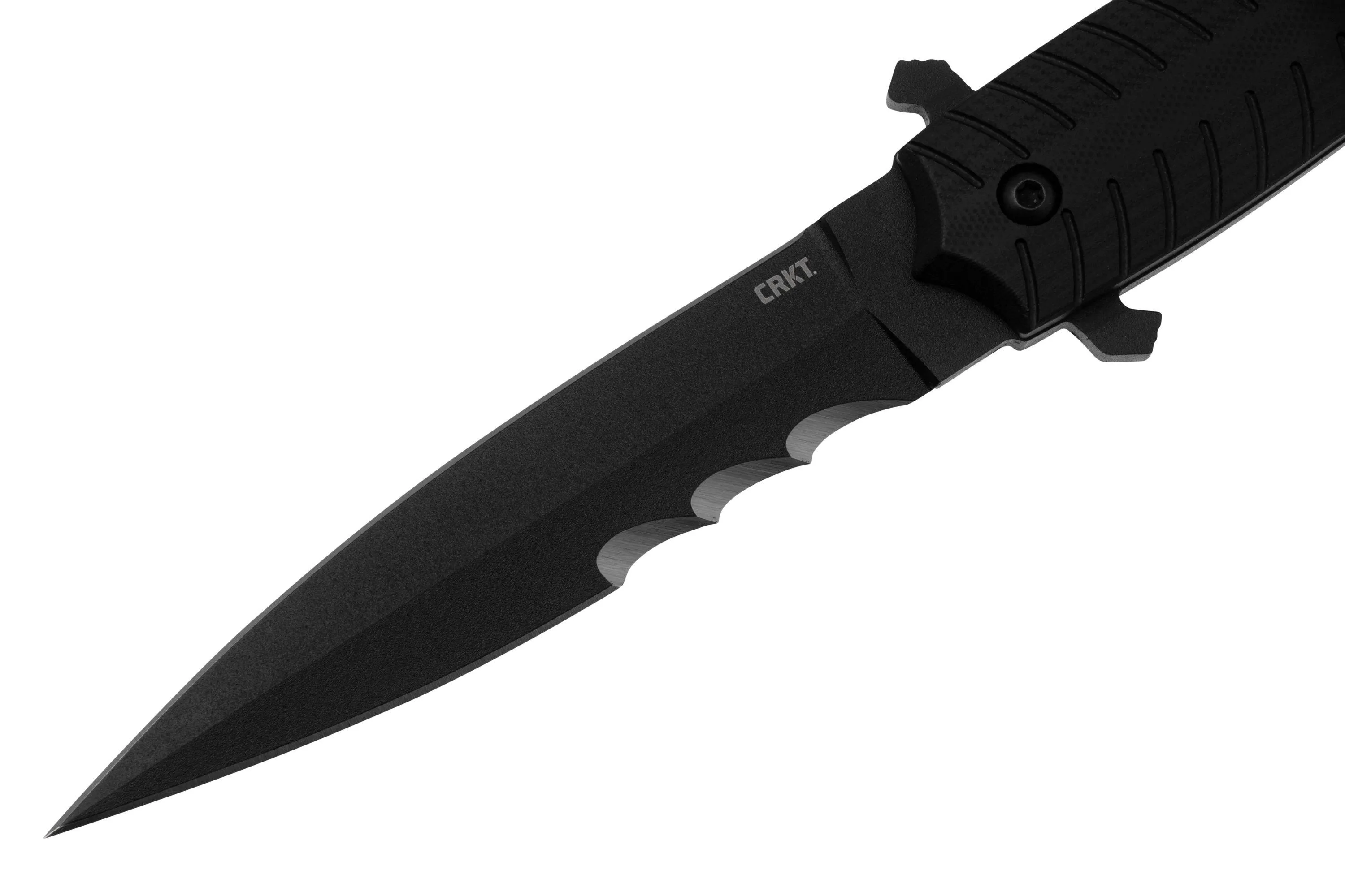 CRKT XOLOTL FIXED VEFF SERRATIONS 2263 BLACK POWDER COAT SK5, BLACK G10, DAGA, MICHAEL R. RODRIGUEZ DESIGN