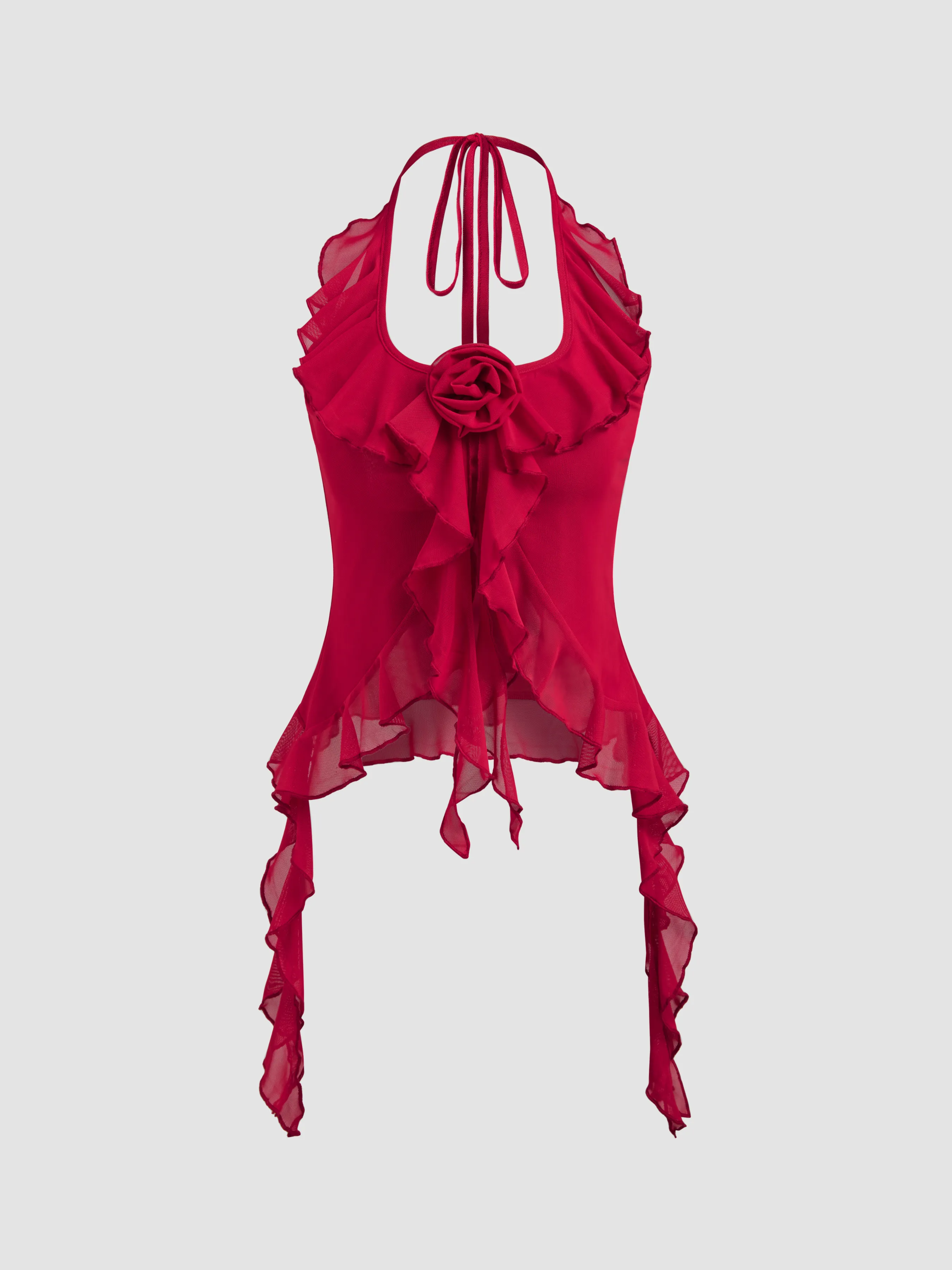 Crop Top de Cuello Halter con Rosetas y Volante en el Dobladillo de Malla