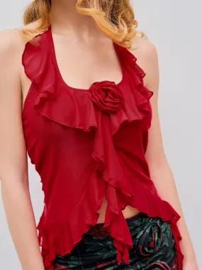 Crop Top de Cuello Halter con Rosetas y Volante en el Dobladillo de Malla