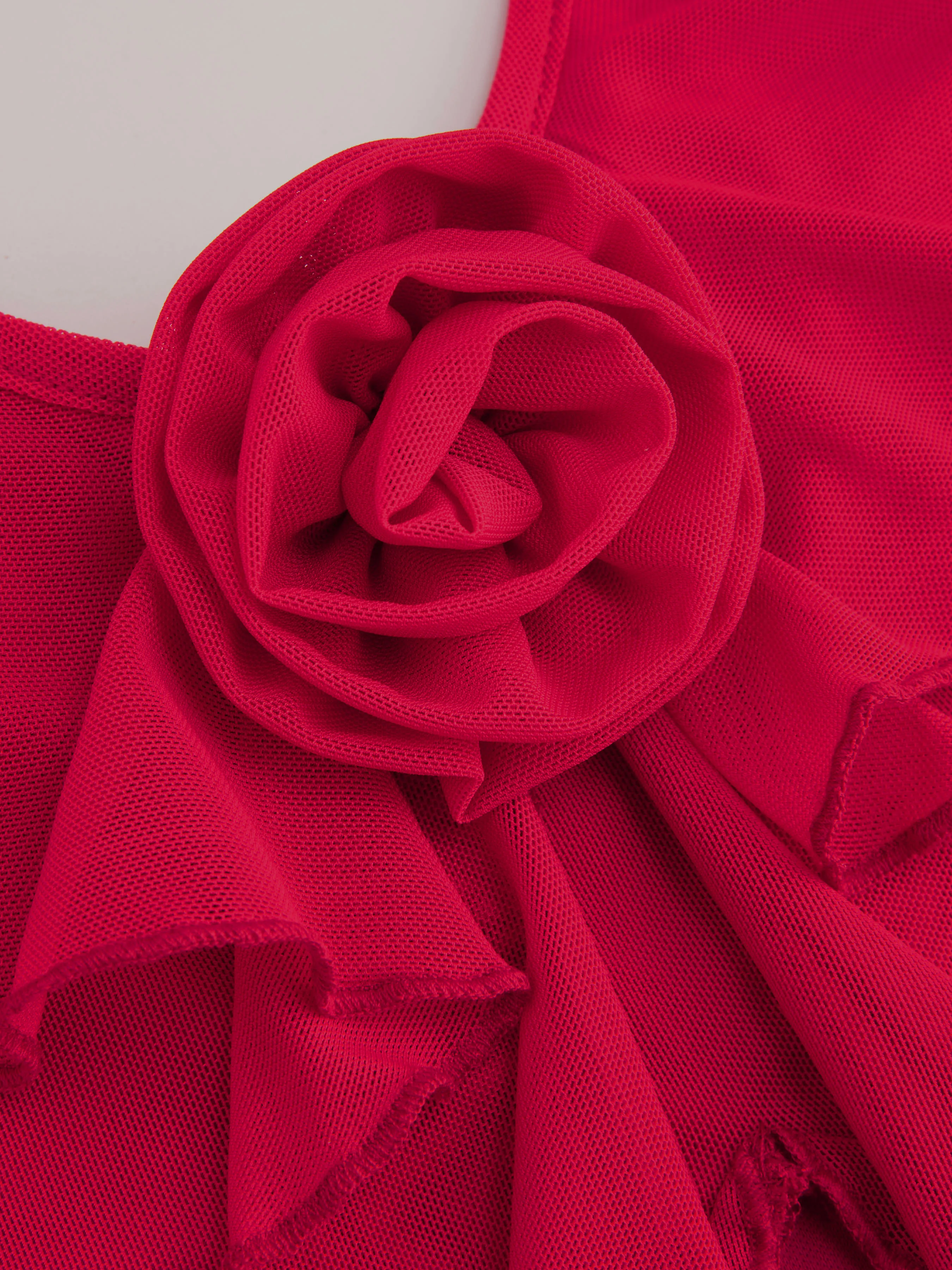 Crop Top de Cuello Halter con Rosetas y Volante en el Dobladillo de Malla