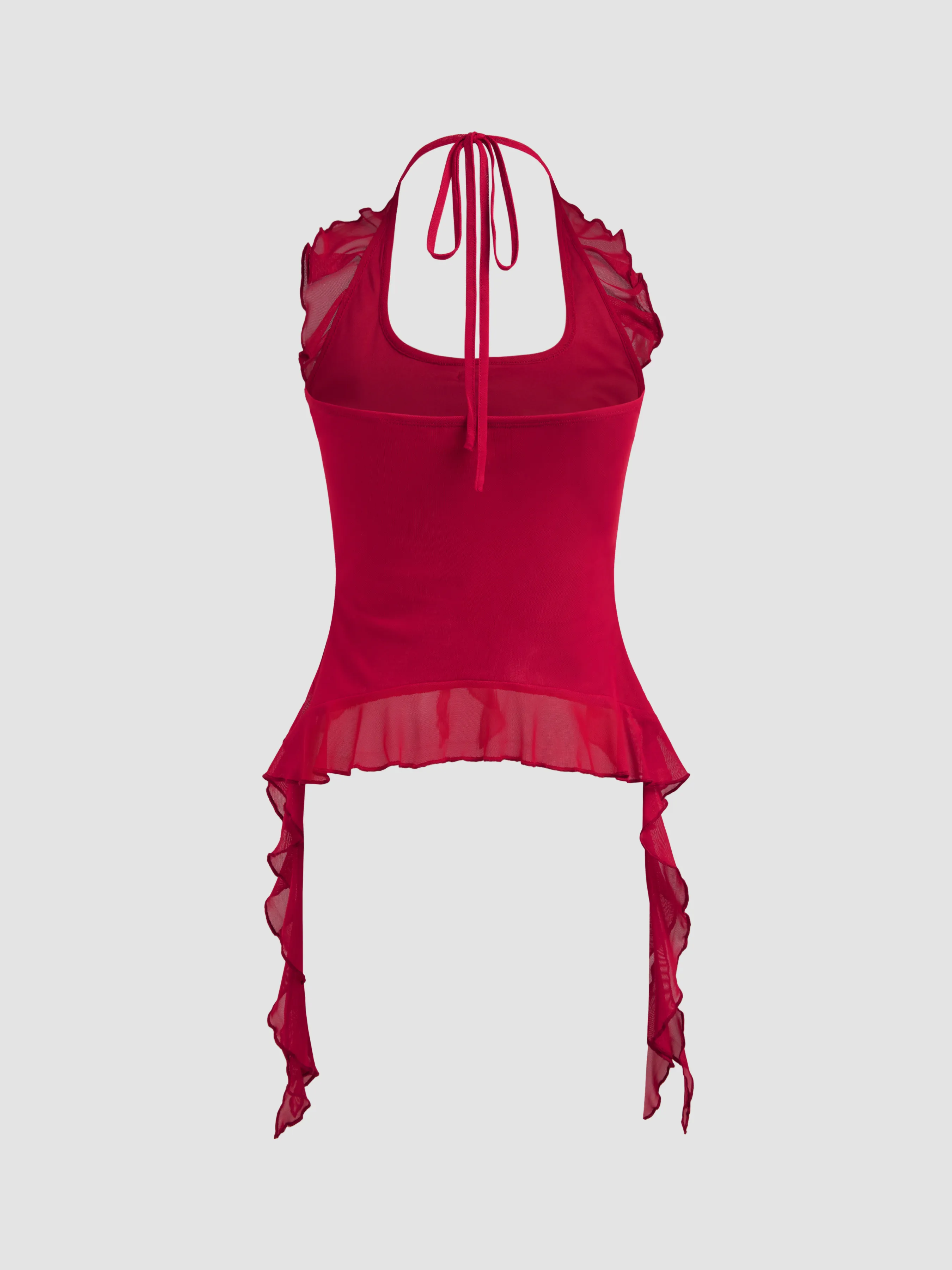 Crop Top de Cuello Halter con Rosetas y Volante en el Dobladillo de Malla
