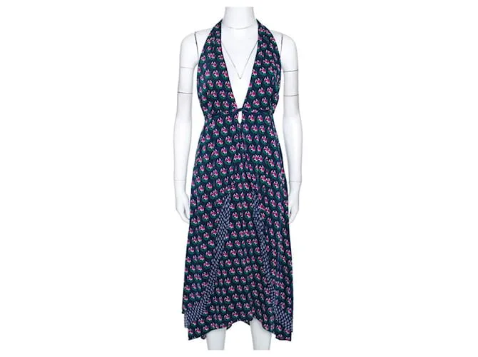 Diane Von Furstenberg Vestido halter Leyland de seda con estampado floral de DvF Zen Multicolor Azul marino 