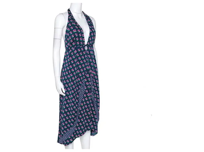 Diane Von Furstenberg Vestido halter Leyland de seda con estampado floral de DvF Zen Multicolor Azul marino 