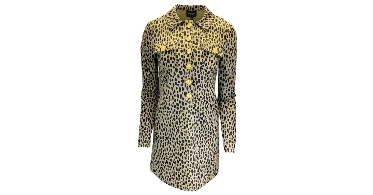Giambattista Valli Tan / Vestido camisero de algodón con botones y manga larga con estampado de leopardo negro Camello 