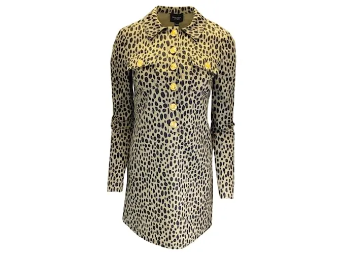 Giambattista Valli Tan / Vestido camisero de algodón con botones y manga larga con estampado de leopardo negro Camello 