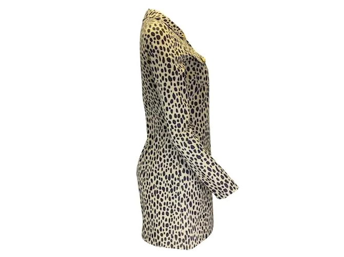 Giambattista Valli Tan / Vestido camisero de algodón con botones y manga larga con estampado de leopardo negro Camello 