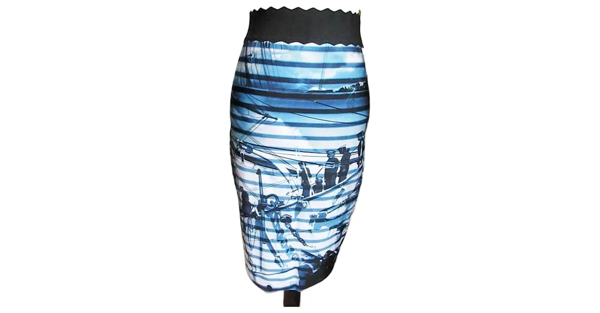 Jean Paul Gaultier Soleil Falda Talla M Motivo Marinero Falda Lápiz Negro Blanco Azul 