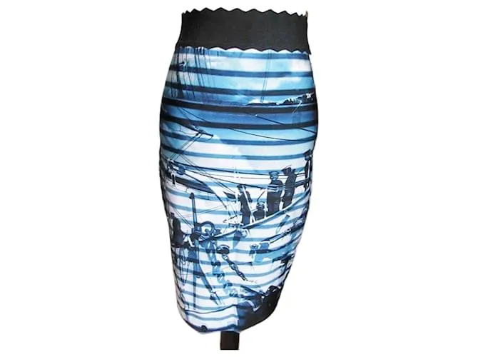 Jean Paul Gaultier Soleil Falda Talla M Motivo Marinero Falda Lápiz Negro Blanco Azul 