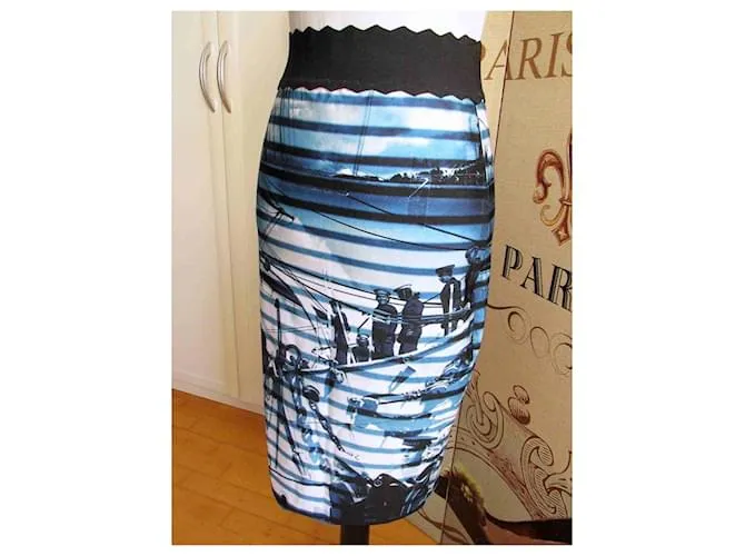 Jean Paul Gaultier Soleil Falda Talla M Motivo Marinero Falda Lápiz Negro Blanco Azul 