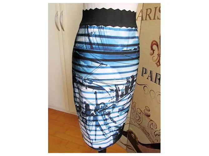Jean Paul Gaultier Soleil Falda Talla M Motivo Marinero Falda Lápiz Negro Blanco Azul 