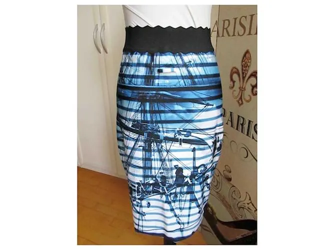 Jean Paul Gaultier Soleil Falda Talla M Motivo Marinero Falda Lápiz Negro Blanco Azul 