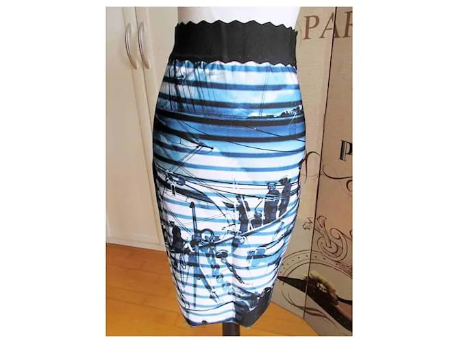 Jean Paul Gaultier Soleil Falda Talla M Motivo Marinero Falda Lápiz Negro Blanco Azul 