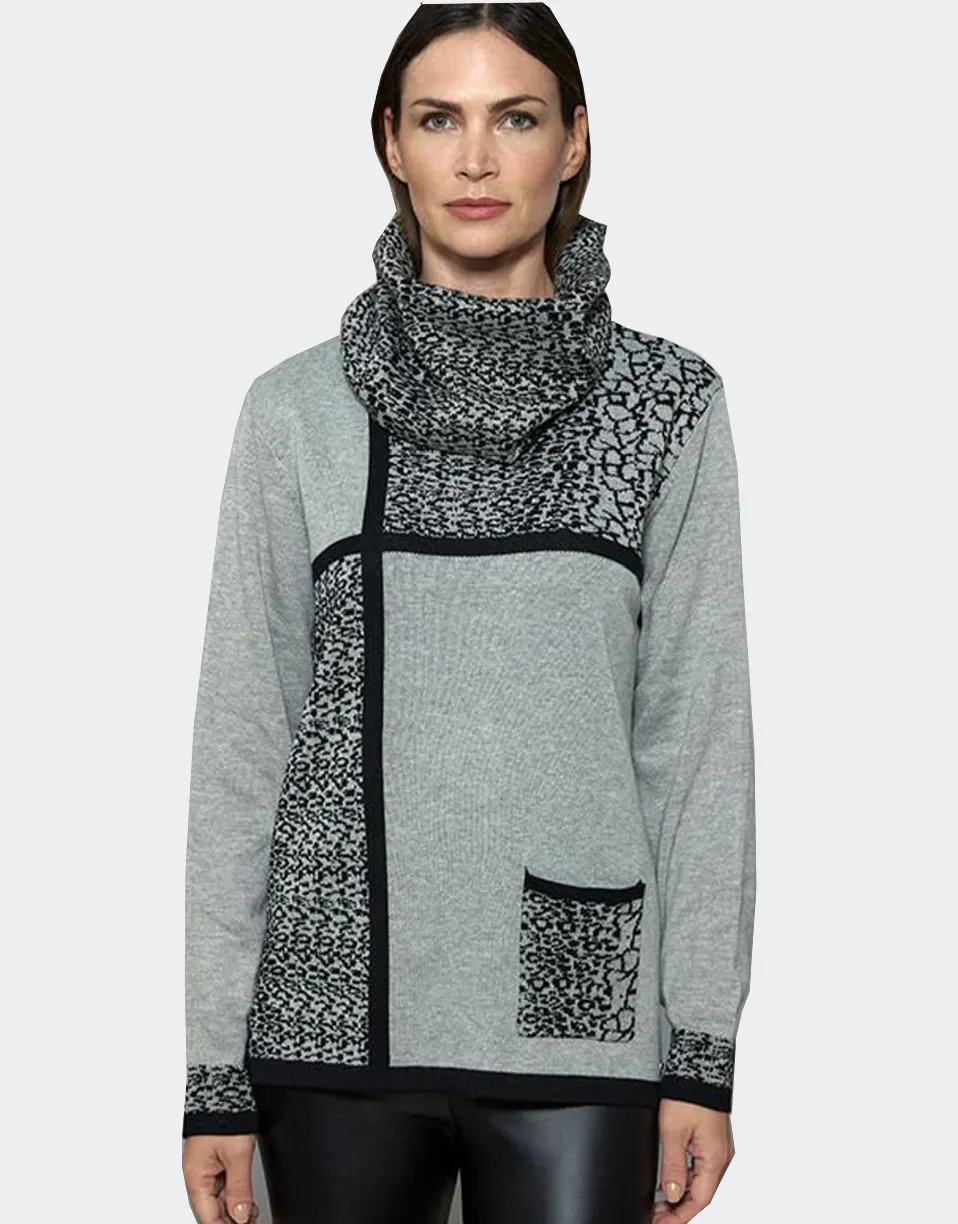 Jersey mujer punto cuello redondo cuadros estampado en negro y gris (cuello buff)
