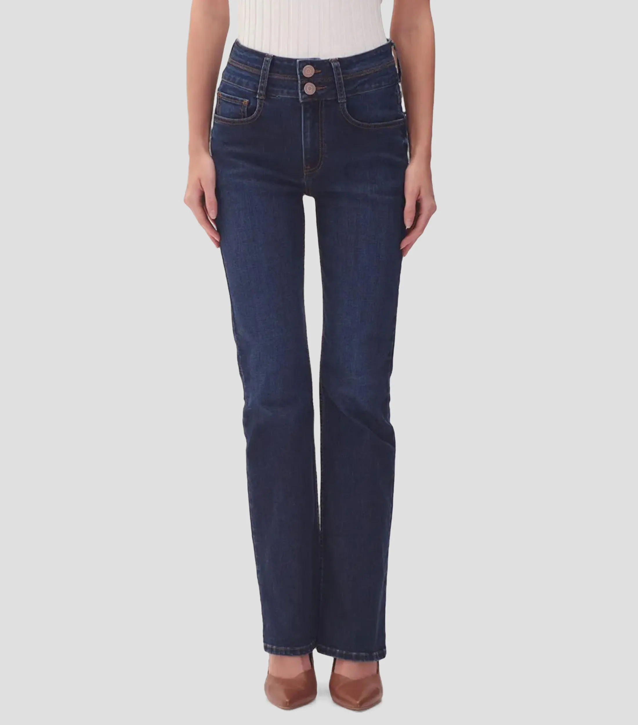 Julio Jeans Acampanados Tiro Alto Doble Pretina Azul Oscuro Mujer