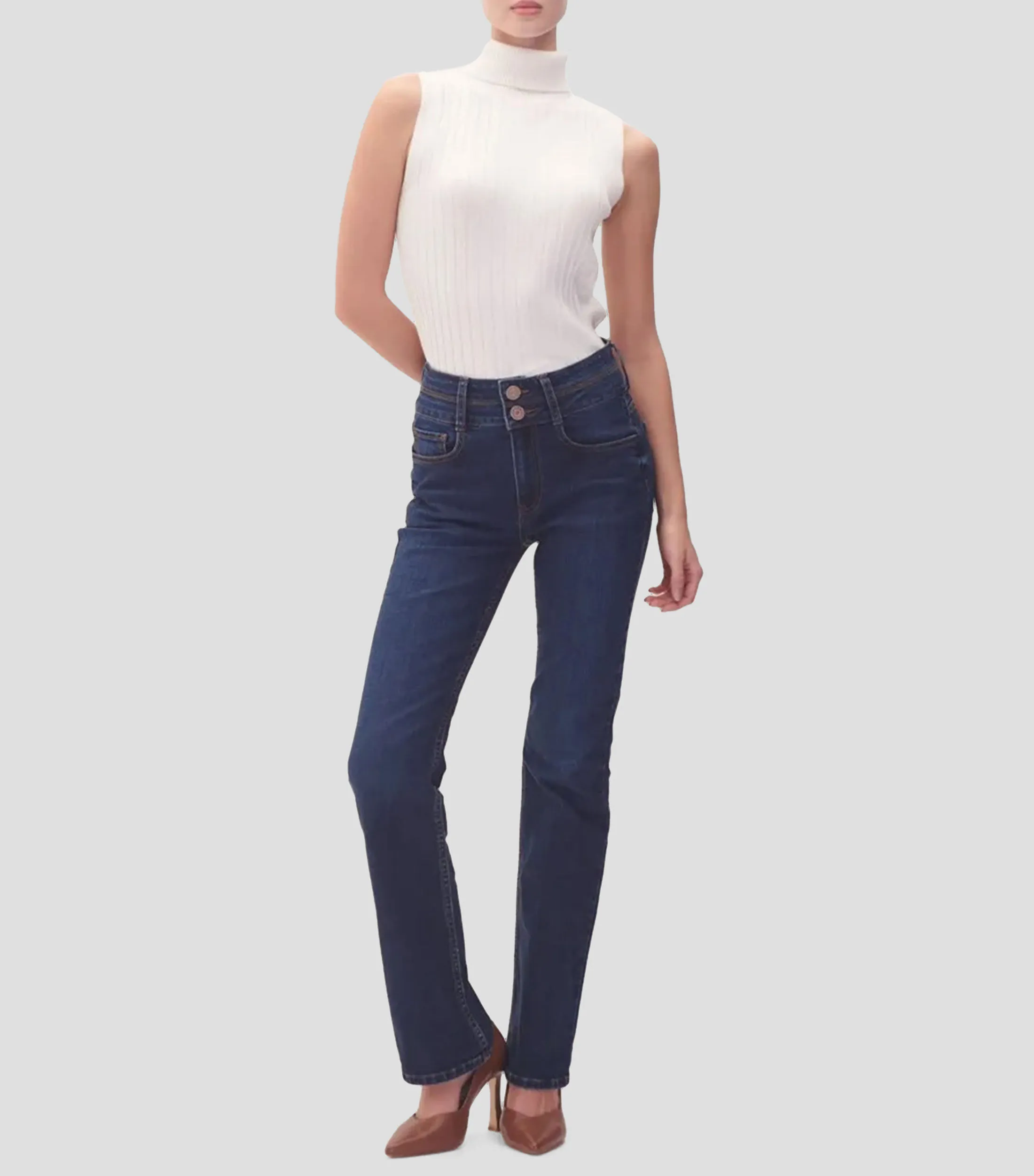 Julio Jeans Acampanados Tiro Alto Doble Pretina Azul Oscuro Mujer