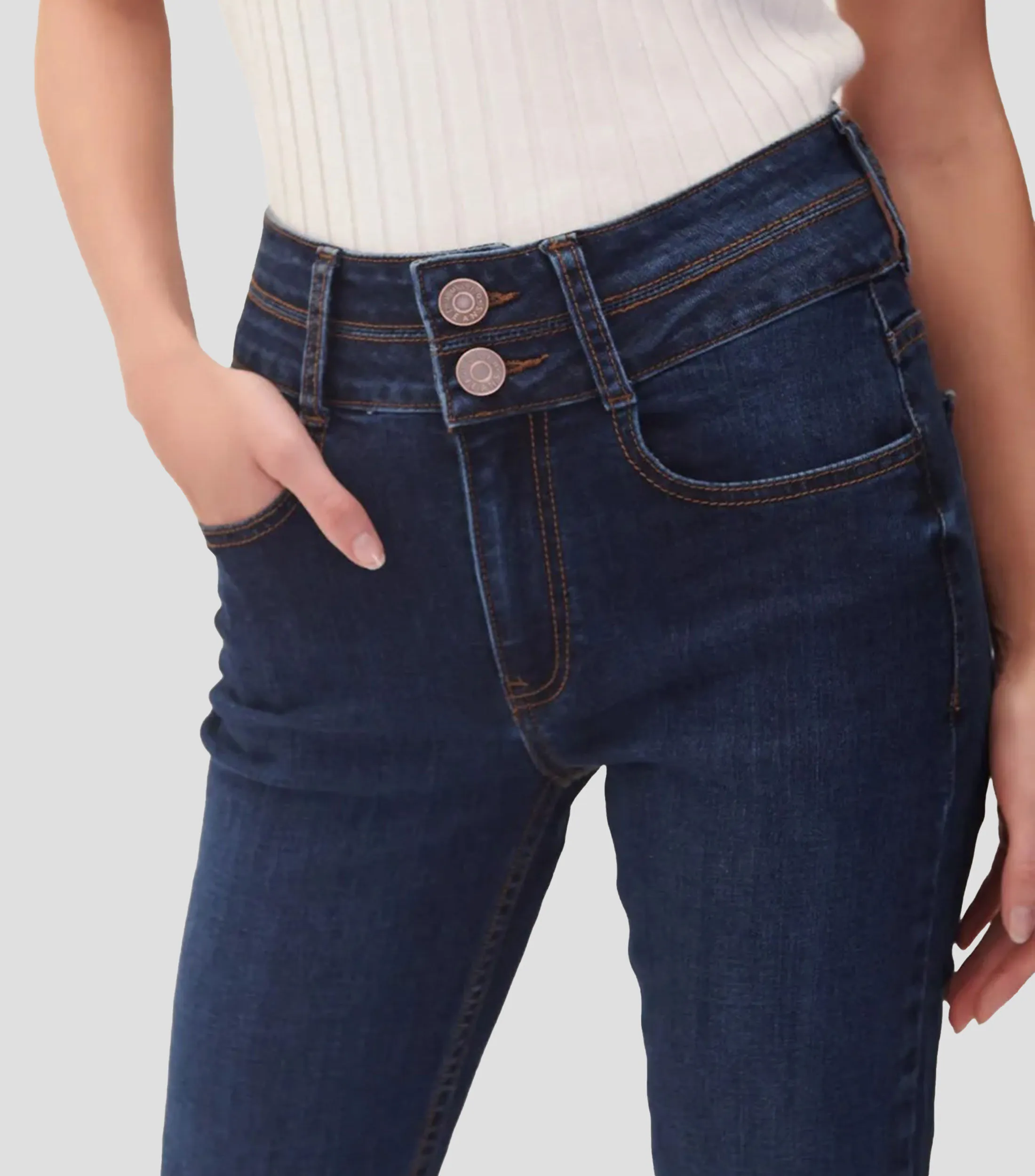 Julio Jeans Acampanados Tiro Alto Doble Pretina Azul Oscuro Mujer